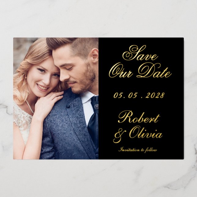 Elegant Black & Gold Save Our Date Photo Real (Front)