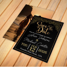 Elegant Black & Gold Save the Date Beach Wedding I