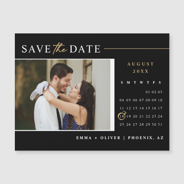 Elegant Black Gold Save the Date Calendar Magnet (Front)