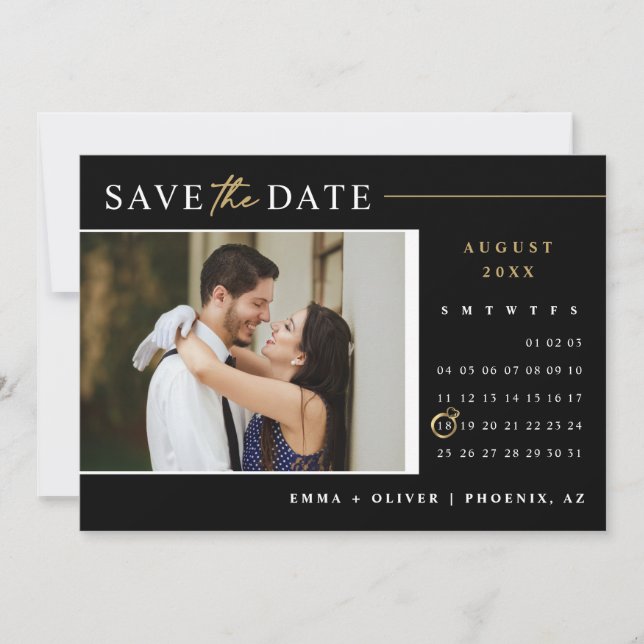 Elegant Black Gold Save the Date Calendar QR Code Invitation (Front)