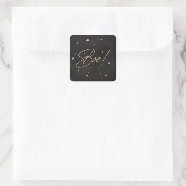 Elegant Black+Gold Scattered Stars Boo! Halloween Square Sticker (Bag)