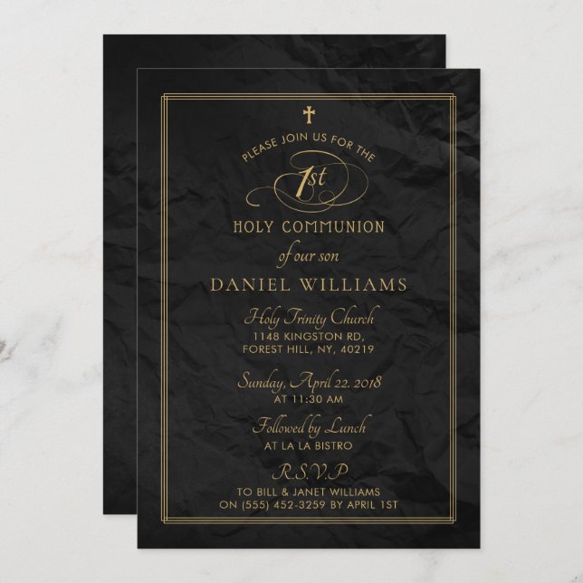 Elegant Black & Gold Script 1st Holy Communion Invitation (Front/Back)