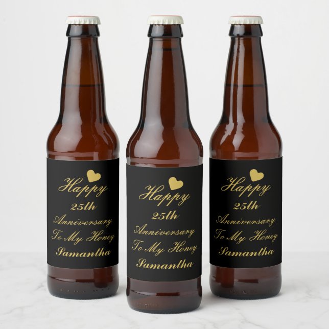 Elegant Black Gold Script 25th Happy Anniversary   Beer Bottle Label (Bottles)