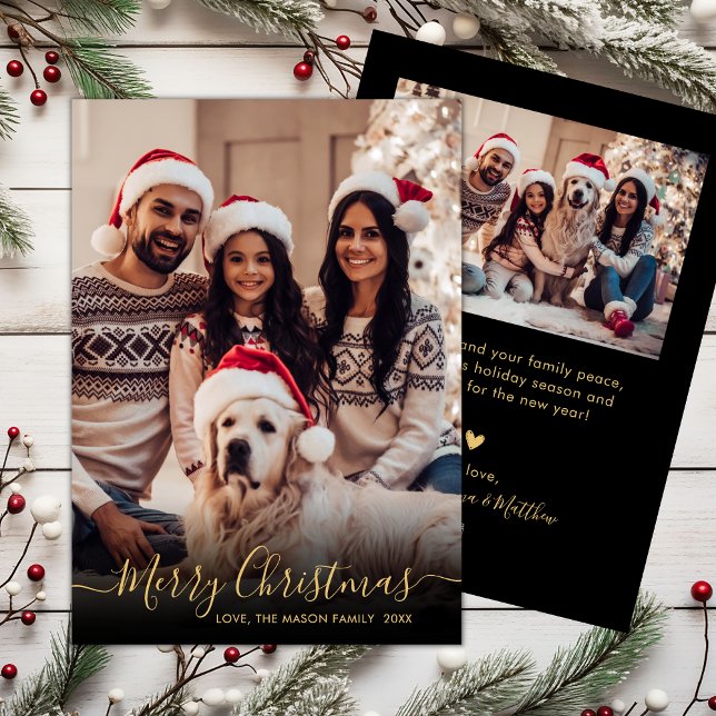 Elegant Black Gold Script 2 Photo Christmas  Holiday Card (Creator Uploaded)
