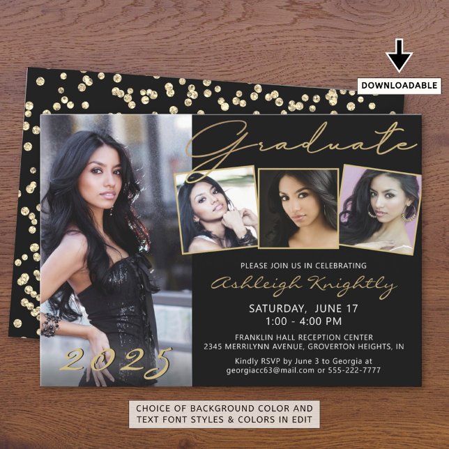 Elegant Black Gold Script 4 Photo Graduate Invitation (Creator Uploaded)
