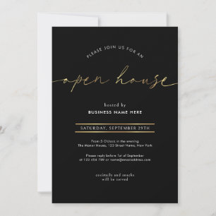 Elegant Black & Gold Script Business Open House Invitation
