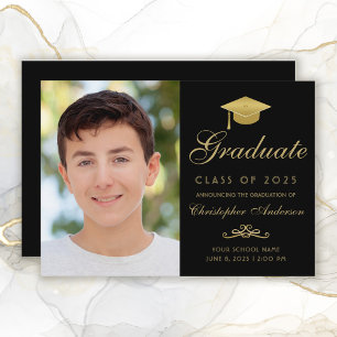 Elegant Black Gold Script Cap Photo Graduation Announcement