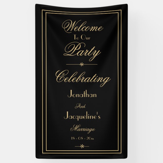 Elegant Black & Gold Script Chic Wedding Welcome Banner (Vertical)