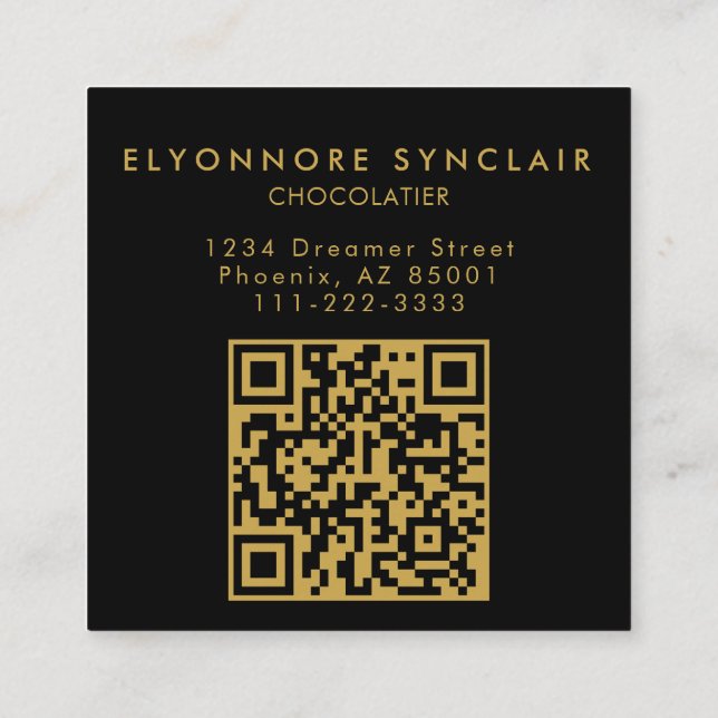 Elegant Black Gold Script Chocolatier Photo QrCode Square Business Card (Back)