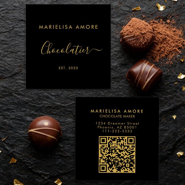 Elegant Black Gold Script Chocolatier Qr Code Square Business Card (Creator Uploaded)