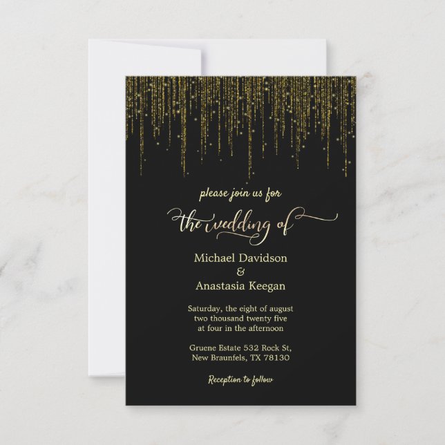 elegant black gold script dripping glitter wedding invitation (Front)