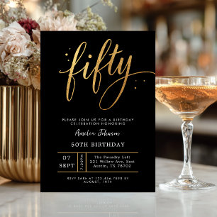 Elegant Black & Gold Script Fifty 50th Birthday Invitation