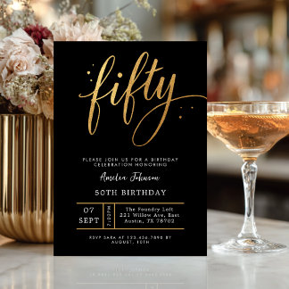 Elegant Black & Gold Script Fifty 50th Birthday Invitation