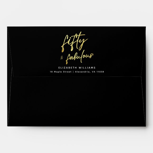 Elegant Black Gold Script Fifty and Fabulous Envelope (Back (Top Flap))