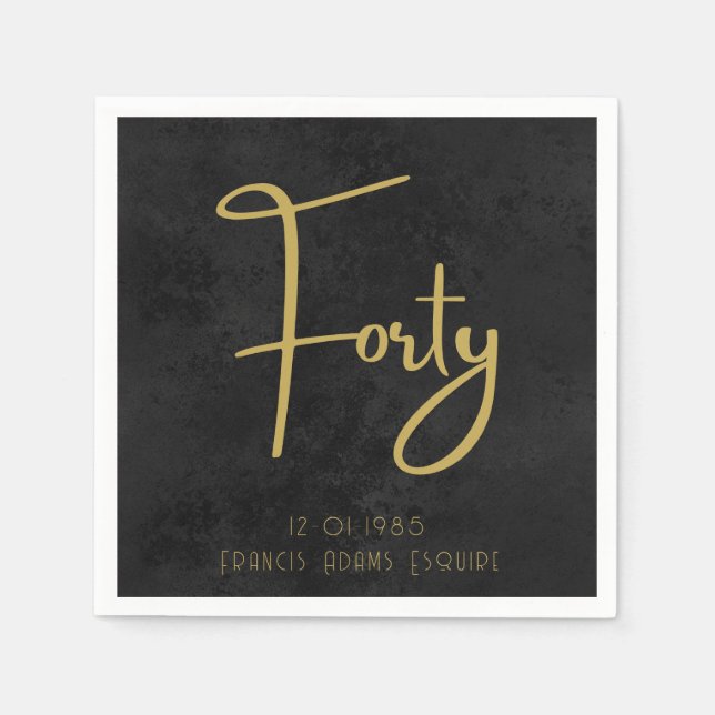 Elegant Black & Gold Script Forty Modern Birthday Napkin (Front)