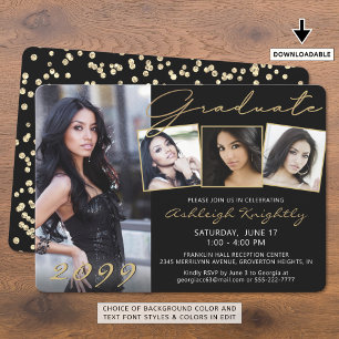 Elegant Black Gold Script Graduate 4 Photos Invitation