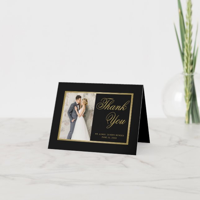 Elegant Black Gold Script Heart Photo Wedding Thank You Card (Front)