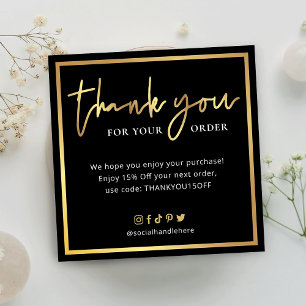 Elegant Black & Gold Script Logo Thank You Order Card