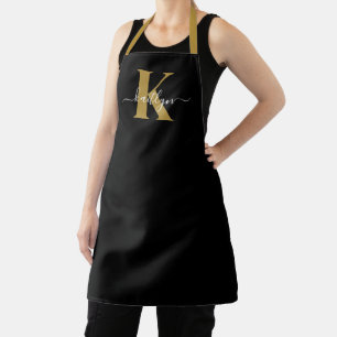 Elegant Black Gold Script Monogram Apron
