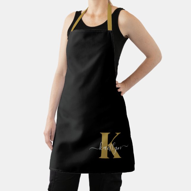 Elegant Black Gold Script Monogram Apron (Insitu)