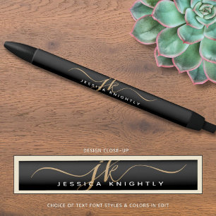 Elegant Black Gold Script Monogram Initials Name Black Ink Pen