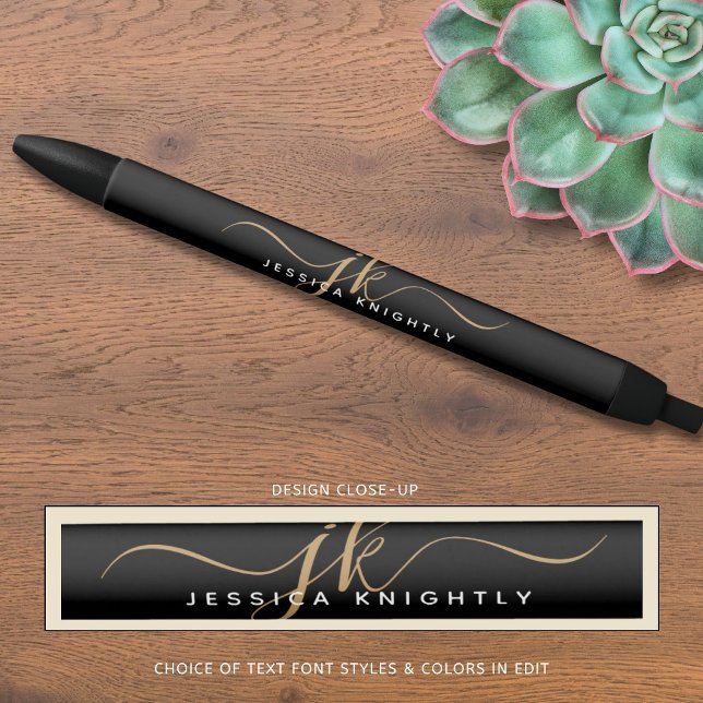 Elegant Black Gold Script Monogram Initials Name Ink Pen (Creator Uploaded)