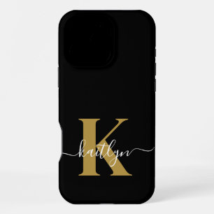 Elegant Black Gold Script Monogram iPhone 16 Pro Max Case