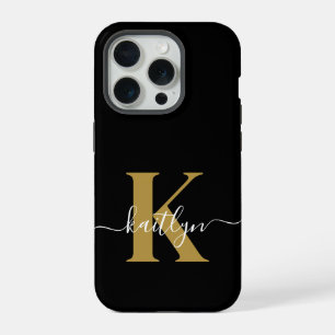 Elegant Black Gold Script Monogram iPhone 15 Pro Case