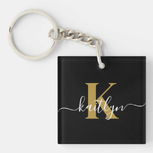 Elegant Black Gold Script Monogram Key Ring