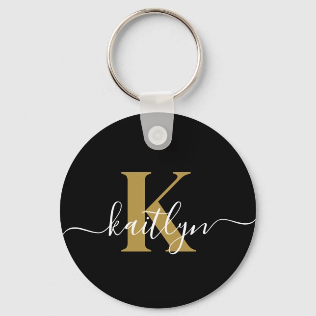 Elegant Black Gold Script Monogram Key Ring (Front)
