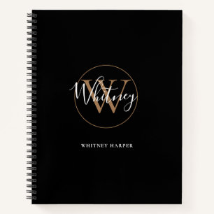 Elegant Black Gold Script Monogram Name Notebook