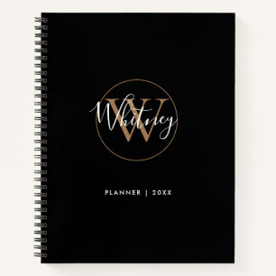 Elegant Black Gold Script Monogram Name Notebook