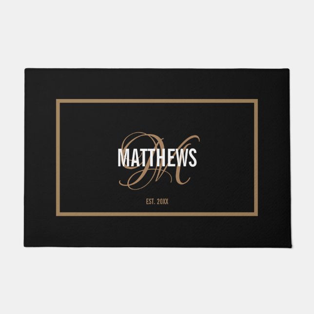Elegant black gold script monogram name wedding doormat (Front)