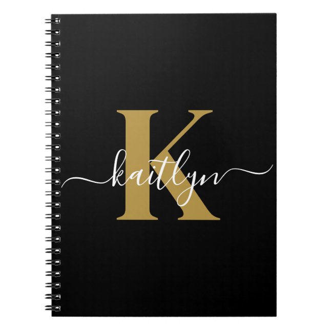 Elegant Black Gold Script Monogram Notebook (Front)