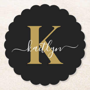 Elegant Black Gold Script Monogram Paper Coaster