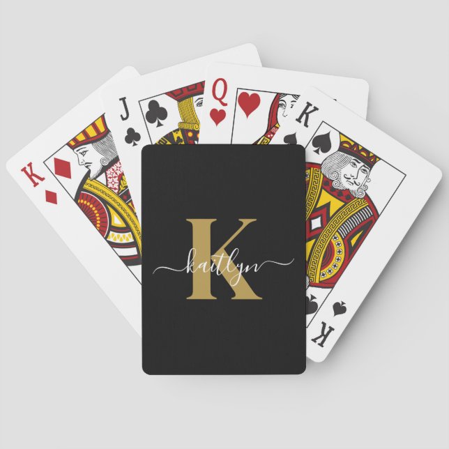Elegant Black Gold Script Monogram Playing Cards (Back)