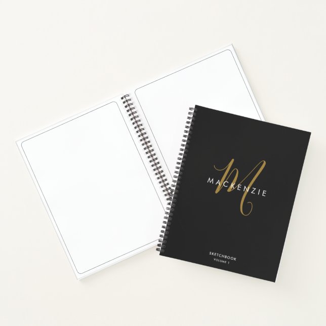 Elegant Black Gold Script Monogram Sketchbook Notebook (Inside)
