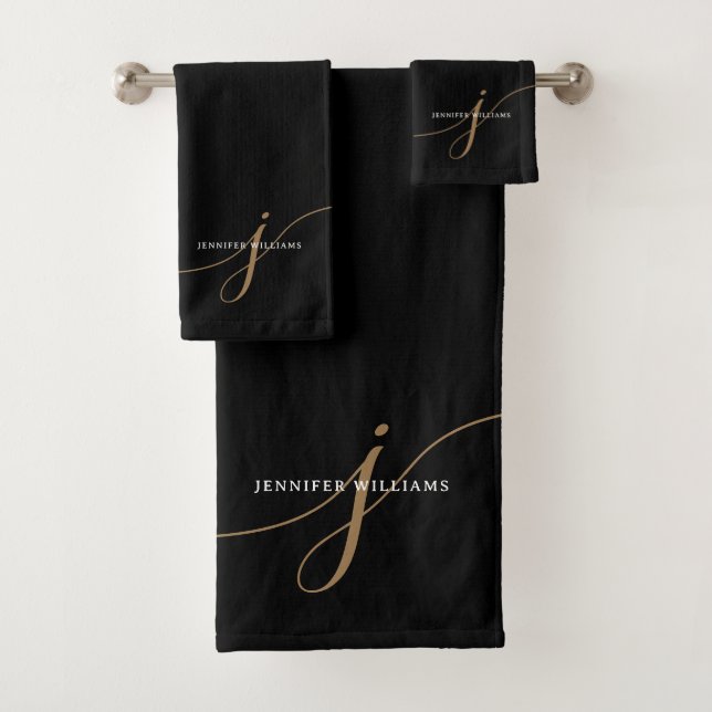 Elegant Black Gold Script Monogram Typography Bath Towel Set (Insitu)