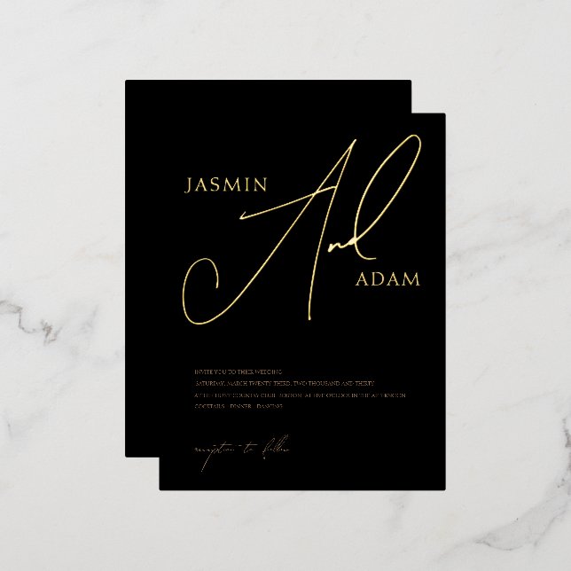 Elegant Black Gold Script Monogram Wedding Foil Invitation Postcard (Front/Back)