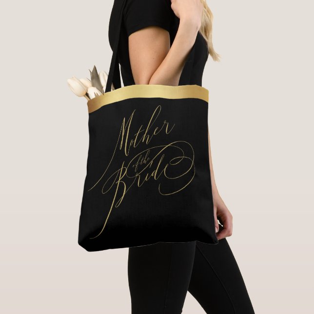 Elegant Black Gold Script Mother of the Bride Tote (Close Up)