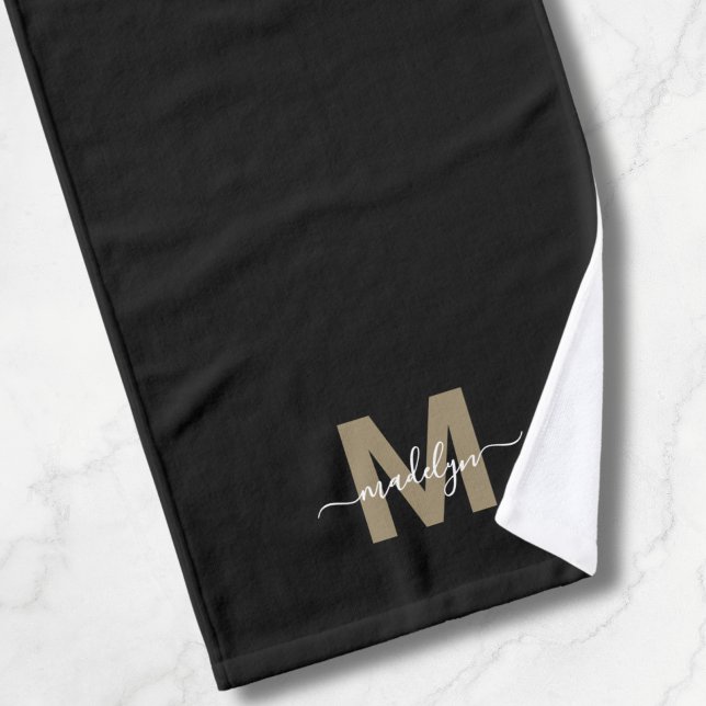 Elegant Black Gold Script Name Monogram Hand Towel (Elegant Black Gold Script Name Monogram Hand Towel)