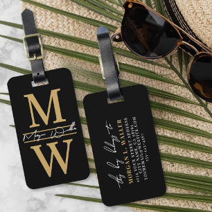 Elegant Black Gold Script Name Monogram Luggage Tag