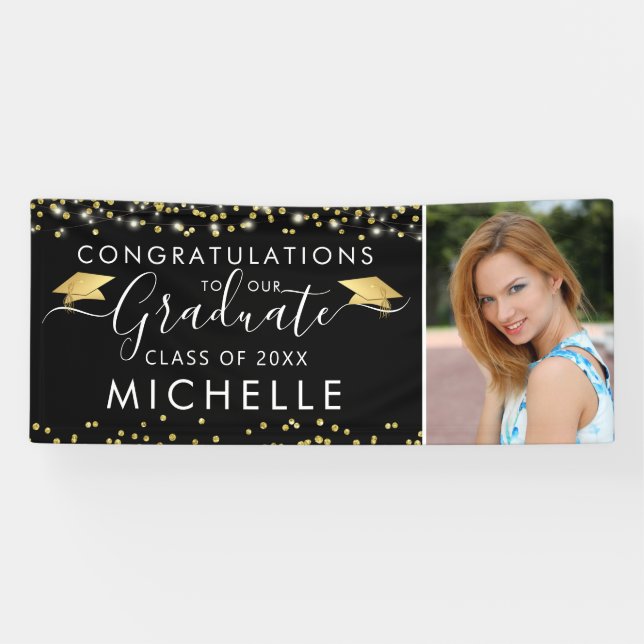Elegant Black Gold Script Photo Graduation Banner (Horizontal)