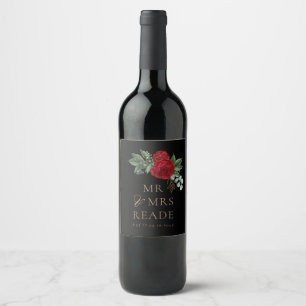 Elegant Black & Gold Script Red Floral Wine Label