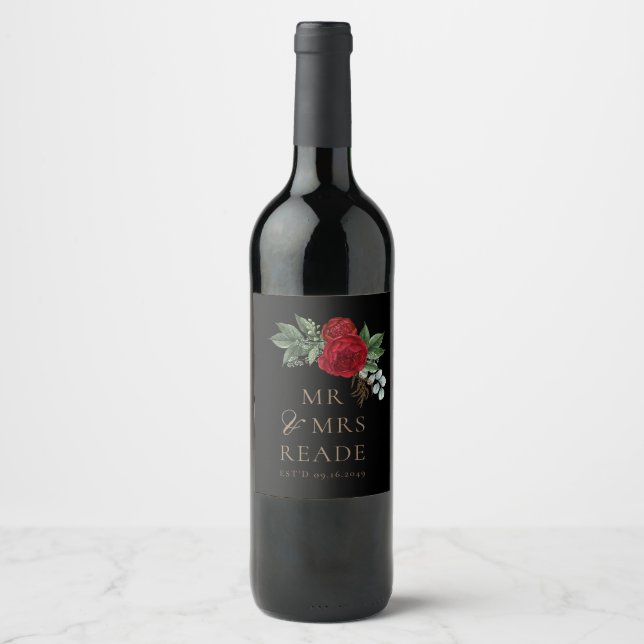 Elegant Black & Gold Script Red Floral Wine Label (Front)