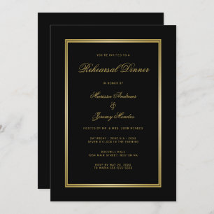 Elegant Black Gold Script Rehearsal Dinner Invitation