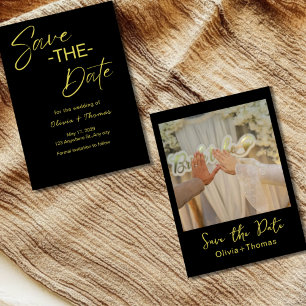 Elegant Black & Gold Script Save the Date Card