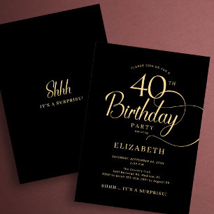Elegant Black Gold Script Surprise 40th Birthday Invitation