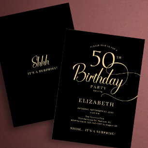 Elegant Black Gold Script Surprise 50th Birthday Invitation