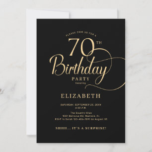 Elegant Black Gold Script Surprise 70th Birthday Invitation